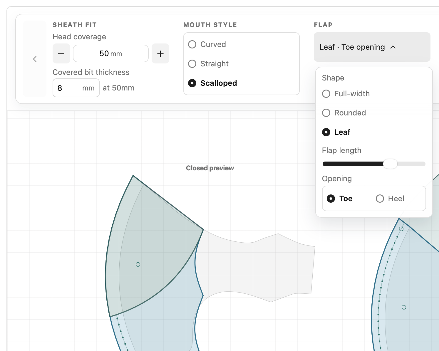 Template Designer editor showing fit, mouth style and flap options