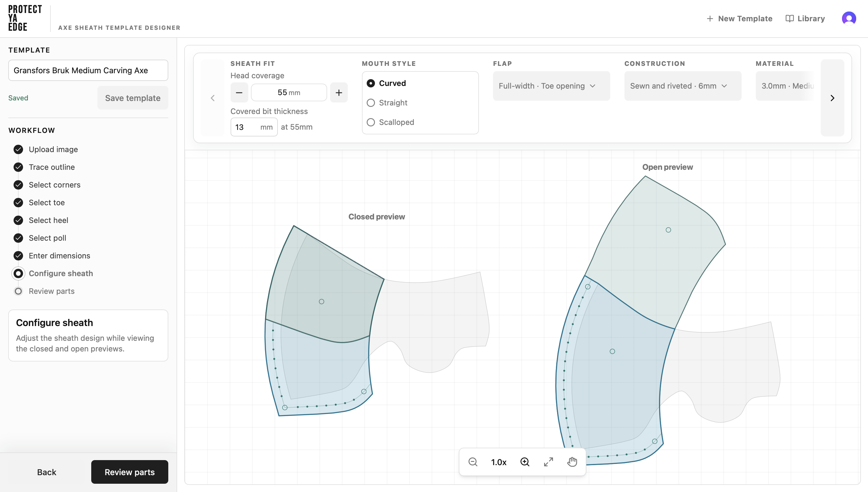Template Designer configure sheath screen showing closed and open previews