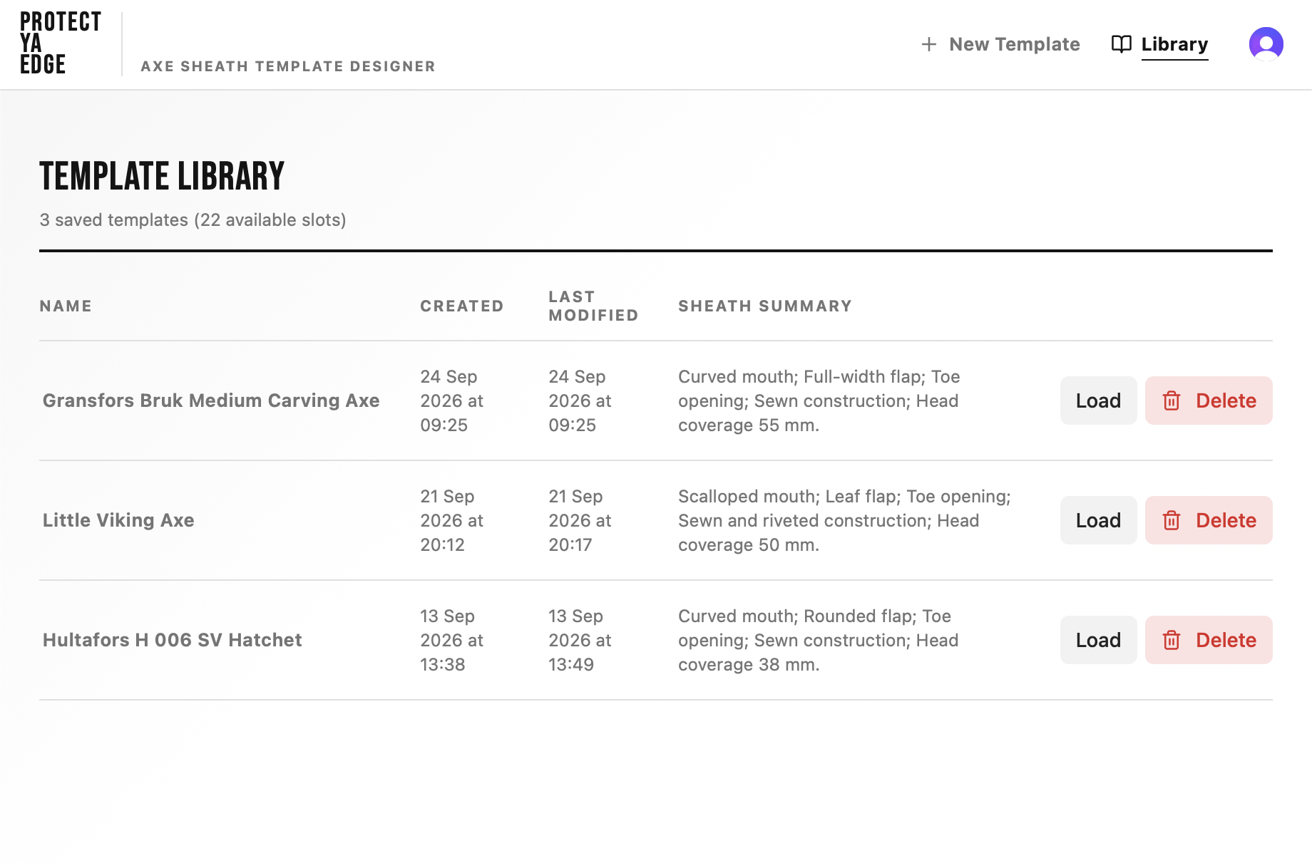 Template Designer library showing saved axe sheath templates