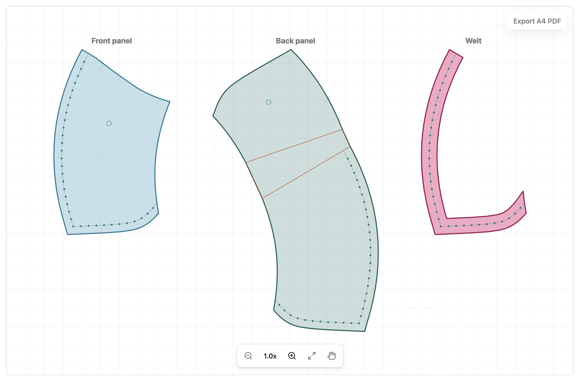 Template Designer review screen showing front panel, back panel and welt pieces ready to export as an A4 PDF