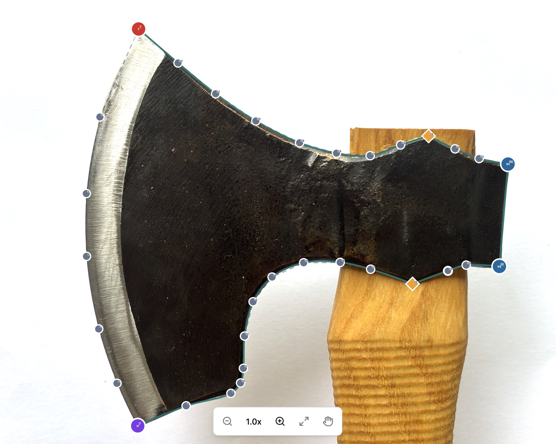 Template Designer tracer showing an axe head outline mapped from a photograph